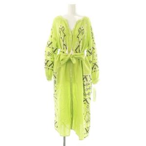 23SS キカカフタンワンピース ロング 長袖 リネン混 36 ライトグリーン オフホワイト ダークブラウン