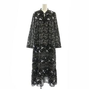 パッチワークパターンワンピース ロング 長袖 36 ブラック オフホワイト ライトパープル /DO OS