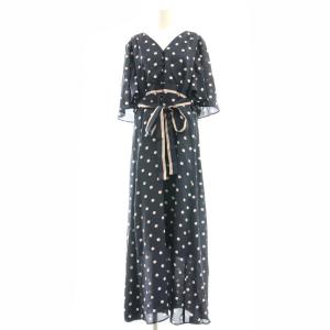 ラインドットマキシドレス ワンピース ロング 七分袖 Vネック 38 ネイビー オフホワイト ピンクベージュ