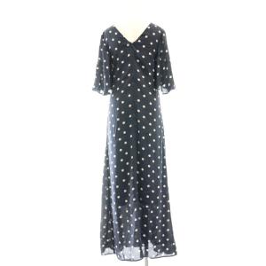 Grace Class ラインドットマキシドレス ワンピース ロング 七分袖 Vネック 38 ネイビー オフホワイト ピンクベージュ