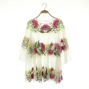 ボタニカル刺繍チュニックブラウス シアー 七分袖 36 ホワイト マルチカラー /DF OS SH