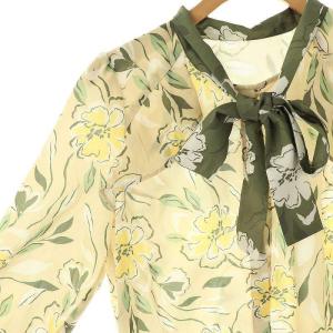 GRACE CONTINENTAL フラワープリントフリルトップ ブラウス ボウタイ 長袖 38 ベージュ マルチカラー /DF OS