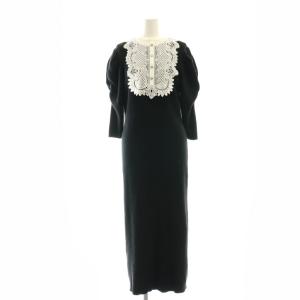 エンブロイダリーヨークニットワンピース マキシ ロング 七分袖 36 黒 ブラック /AT OS