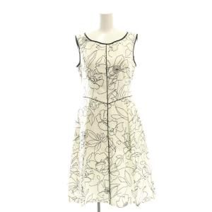 × TISSUE ペイントフラワーノースリーブワンピース 膝丈 34 オフホワイト ブラック /DO OS