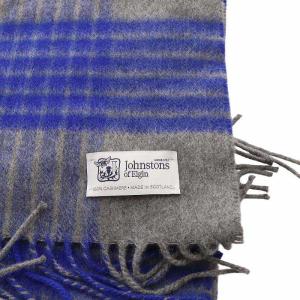 Johnstons of Elgin ジョンストンズ オブ エルガン マフラー チェック カシミヤ フリンジ グレー ブルー /YO17