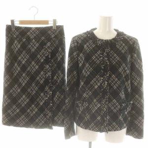 セットアップ ツイード ノーカラージャケット タイトスカート 38 黒 白 ベージュ /MI OS