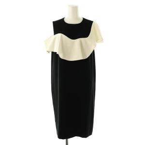 バイカラーワンピース 膝丈 フリル ブラック オフホワイト /DO OS