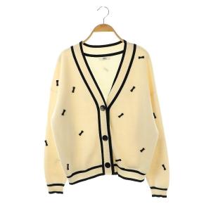 リボンカーディガン ニット Vネック オフホワイト ブラック /DO OS