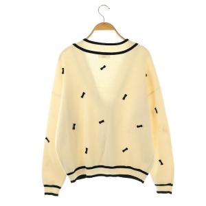 OBLI リボンカーディガン ニット Vネック オフホワイト ブラック /DO OS