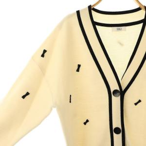 OBLI リボンカーディガン ニット Vネック オフホワイト ブラック /DO OS