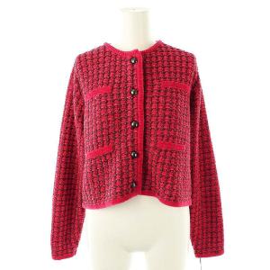 24AW ツイードニットジャケット ノーカラー ラメ 36 レッド ブラック /DO OS