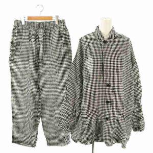 25SS セットアップ リネンチェックシャツジャケット ワイドパンツ F 黒