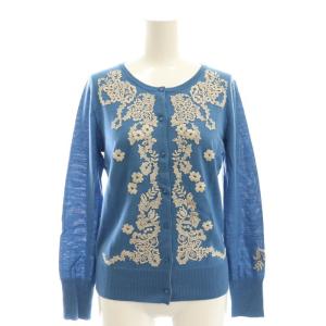 ウール 刺繍 ニット カーディガン クルーネック 1 青 ブルー /AT OS