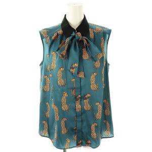 チータープリント ノースリーブブラウス 前開き リボン付き 38 ネイビーマスタード 黒 /ES OS