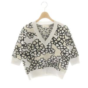 Vネック総柄ニット カットソー 七分袖 XS アイボリー オフホワイト ブラック /DO OS