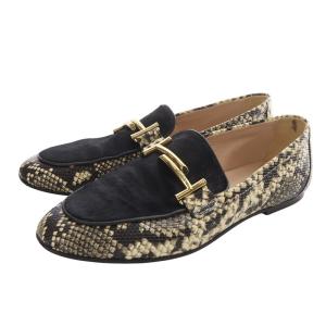 パイソン型押し ハラコ ローファー 切替 37.5 24.5-25cm アイボリー 黒 ブラック /SR25