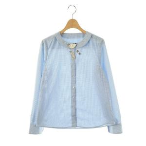 ギンガムチェックノーカラーシャツ 長袖 M ライトブルー ホワイト /DO OS