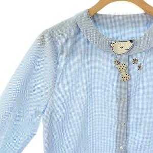 franche lippée ギンガムチェックノーカラーシャツ 長袖 M ライトブルー ホワイト /DO OS