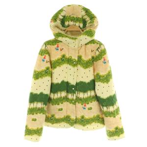 総柄 キルティング ショートコート 中綿 フード ボア M アイボリー グリーン /MY OS