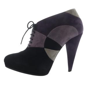 ブーティ ブーツ ショート ハイヒール レースアップ スエード 37.5 ブラック パープル グレー /YO20