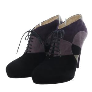 PRADA ブーティ ブーツ ショート ハイヒール レースアップ スエード 37.5 ブラック パープル グレー /YO20