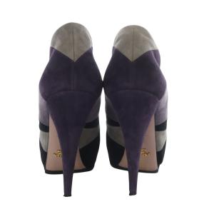 PRADA ブーティ ブーツ ショート ハイヒール レースアップ スエード 37.5 ブラック パープル グレー /YO20