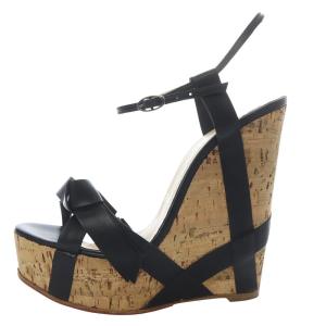 サンダル ウェッジソール プラットフォーム アンクルストラップ レザー 37.5 ブラック /YO19