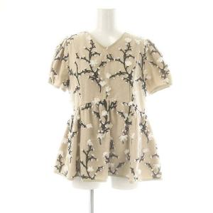 刺繍ツイードトップス ブラウス 半袖 Vネック S ベージュ ブラック オフホワイト /DO OS