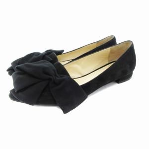 ローヒールパンプス シューズ リボン スエード ポインテッドトゥ 37 黒 ブラック /AE SH