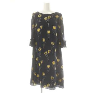 花柄刺繍 リボン ワンピース 膝丈 38 ブラック オフホワイト /ES