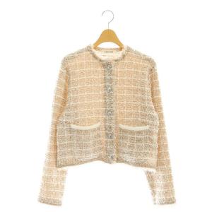 ツイード調ニットカーディガン クルーネック F 茶 ブラウン 白 ホワイト 15138379 /AT OS