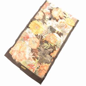 美品 フラワースカーフ チーフ 長方形 花柄 絹 シルク 茶 ブラウン /GV SH