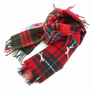 美品 マフラー ストール リボン パッチワーク チェック柄 赤 レッド