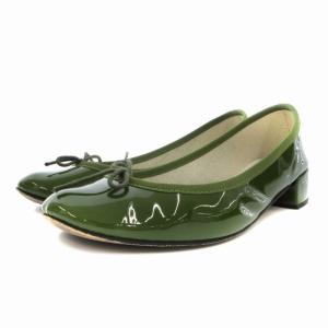 Camille Ballerinas エナメルパンプス ヒール リボン 38 1/2 24.5cm 緑