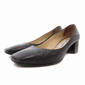 スクエアトゥパンプス チャンキーヒール 切替 ロゴ 36.5 23.5cm 黒 ブラック /FT