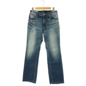 FLARE HEM デニムパンツ ジーンズ ジッパーフライ ダメージ加工 カットオフ S インディゴブルー