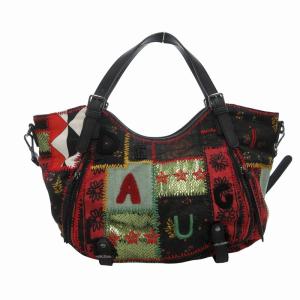 2WAY ハンドバッグ ショルダー 総柄 アルファベット 刺繍 黒 ブラック 赤 レッド /FF