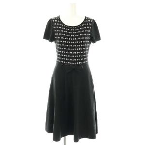 リボン柄半袖ニットワンピース 膝丈 38 ブラック オフホワイト /DO OS