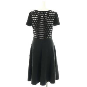 M'S GRACY リボン柄半袖ニットワンピース 膝丈 38 ブラック オフホワイト /DO OS