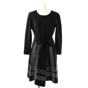ステッチワークニットワンピース 長袖 ロング 刺繍 ウール 38 黒 /NR OS