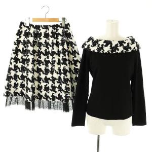 セットアップ 上下 カットソー 長袖 フレアスカート 膝丈 総柄 チュール 38 黒 白 /NR OS