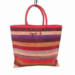 美品 ラフィアハンドバッグ 手提げ ロゴ 刺繍 ストライプ マルチカラー MX02-07 /HO