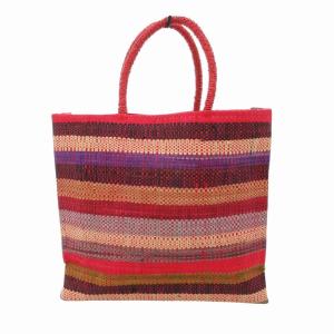 agnes b. 美品 ラフィアハンドバッグ 手提げ ロゴ 刺繍 ストライプ マルチカラー MX02-07 /HO
