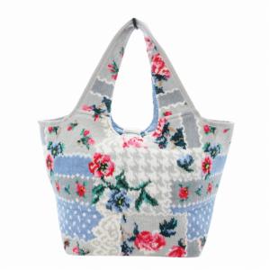 ミニ ハンドバッグ フラワーパッチワーク 花柄 水色 ライトブルー グレー /HO