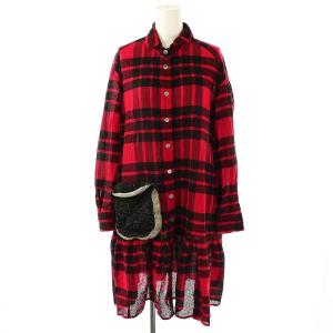 チェック柄シャツワンピース 膝丈 長袖 2 レッド ブラック /HK OS