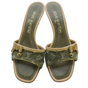 LOUIS VUITTON ロゴ リボン サンダル ミュール 35.5 カーキ 緑 /SR29