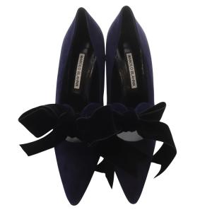 MANOLO BLAHNIK スエード ポインテッドトゥ リボン パンプス 40 ネイビー