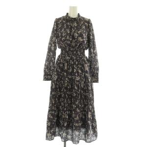 ニュアンスプリントプリーツワンピース ロング 長袖 パフスリーブ M チャコールグレー /MY OS