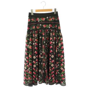 23SS フラワーパターンプリントスカート フレア ロング 36 ブラック マルチカラー /DF OS
