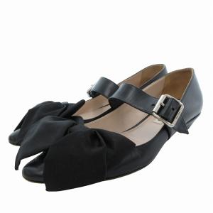 フラットパンプス リボン メリージェーン ストラップ レザー 37 黒 ブラック /JS